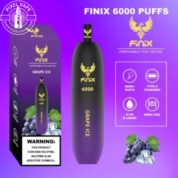 خرید پاد فینیکس 6000 پاف انگور یخ قیمت FINIX 6000 Puffs Grape Ice بررسی پاد یکبارمصرف فینیکس انگور یخ پاد سیستم 6000 پاف فینیکس قابل شارژ خرید اینترنتی فینیکس انگور یخ 6000 پاف طعم لیمو آبنباتی در پاد FINIX 6000 پاد یکبارمصرف فینیکس اورجینال
