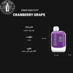 پد یکبارمصرف 8000 پف ذغال اخته انگور اکس بار، طعم بلوبری و انگور، قابلیت شارژ